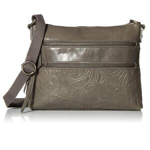 The Sak Reseda Gray Leather Bohemian Crossbody Bag Purse Embossed Floral